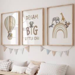 Safari Animal Nursery Prints Set Rainbow, Hot Air Balloon, Beige Decor, Dream Big - thumbnail 4