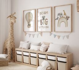 Safari Animal Nursery Prints Set Rainbow, Hot Air Balloon, Beige Decor, Dream Big