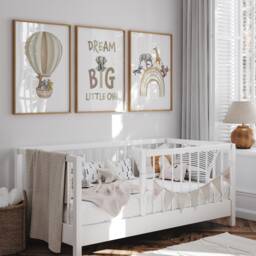 Safari Animal Nursery Prints Set Rainbow, Hot Air Balloon, Beige Decor, Dream Big - thumbnail 2