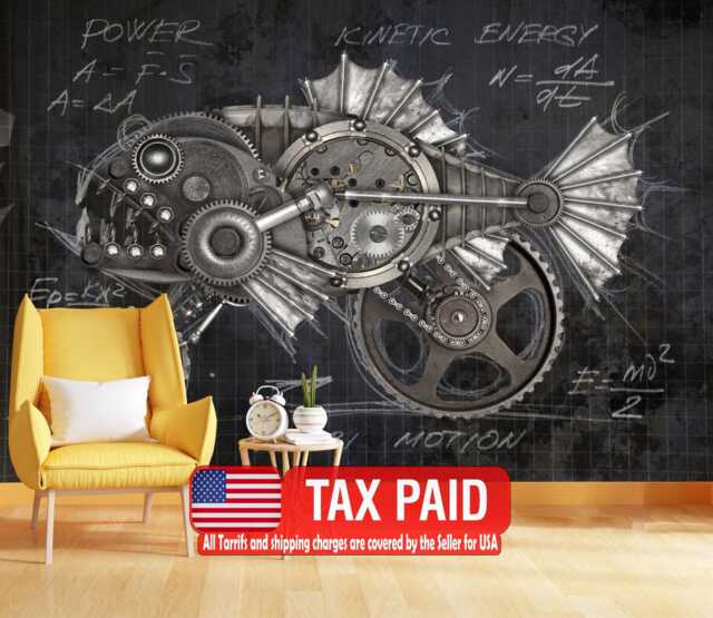 Steampunk Piranha Mural, Mechanical Animal Wall Decal, Peel & Stick Wallpaper - image 1
