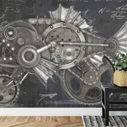 Steampunk Piranha Mural, Mechanical Animal Wall Decal, Peel & Stick Wallpaper - thumbnail 2