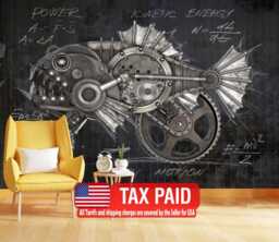 Steampunk Piranha Mural, Mechanical Animal Wall Decal, Peel & Stick Wallpaper - thumbnail 1