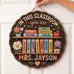 Personalized Teacher Door Sign, in This Classroom You Are Loved, Layered Wood Decor, 3D Wall Decor - thumbnail 1