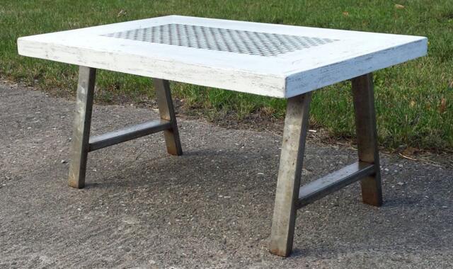Industrial Couch Table/Coffee Table. Solid Reclaimed Wood. Mosaic Tiles, Rustic Shabby Chic White Wash, With Metal A-Frame Legs - image 1