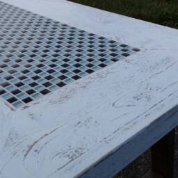 Industrial Couch Table/Coffee Table. Solid Reclaimed Wood. Mosaic Tiles, Rustic Shabby Chic White Wash, With Metal A-Frame Legs - thumbnail 2