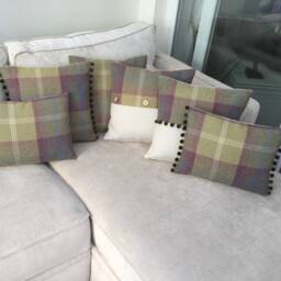 Handmade Tartan Plaid Pillow Cover Balmoral Pistachio Pompom Trim, 24 - thumbnail 2