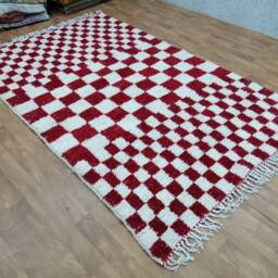 Custom Moroccan Red Checkered Rug - Hand-Knotted Wool Berber Carpet - thumbnail 2
