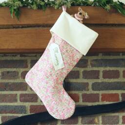Personalised Christmas Stocking Made With Liberty Tana Lawn Wiltshire Pale Pink, Ivory Velvet Cuff - thumbnail 2