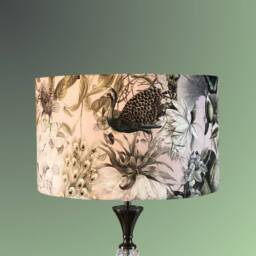 Pink & Green Velvet Drum Lampshade With Peacocks, Butterflies, & Florals - thumbnail 1