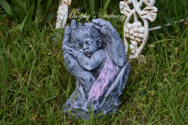 Baby Girl in Hands Solid Concrete Statue Hand Painted Vintage Rustic Style - image 1