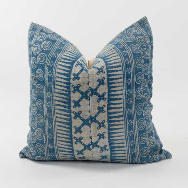 Vintage Indigo Hemp Pillow Cover, Tribal White Stripe Batik, Rustic Beige - 20x20 - image 1