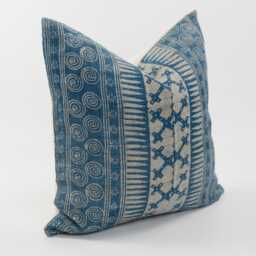 Vintage Indigo Hemp Pillow Cover, Tribal White Stripe Batik, Rustic Beige - 20x20 - thumbnail 3