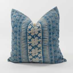 Vintage Indigo Hemp Pillow Cover, Tribal White Stripe Batik, Rustic Beige - 20x20 - thumbnail 1