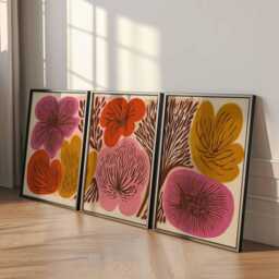 Retro Floral Wall Art Set Of 3, Mid Century Modern Flower Prints, Abstract Botanical Posters in Pink, Orange & Mustard - thumbnail 2
