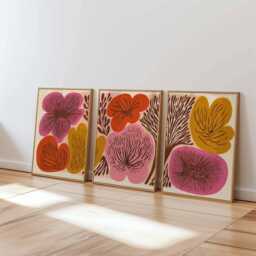 Retro Floral Wall Art Set Of 3, Mid Century Modern Flower Prints, Abstract Botanical Posters in Pink, Orange & Mustard - thumbnail 1