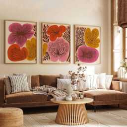Retro Floral Wall Art Set Of 3, Mid Century Modern Flower Prints, Abstract Botanical Posters in Pink, Orange & Mustard - thumbnail 3
