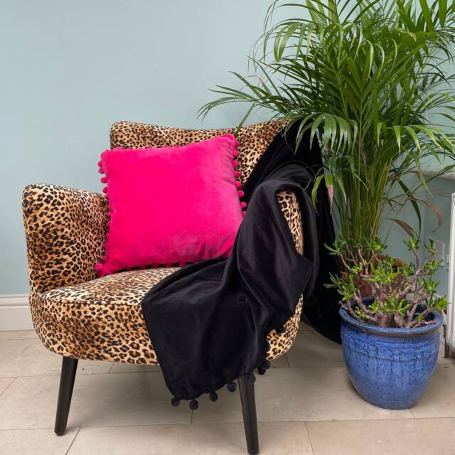 Black Velvet Throw, Cotton Pompom Trim, Luxury Bed Blanket - image 1