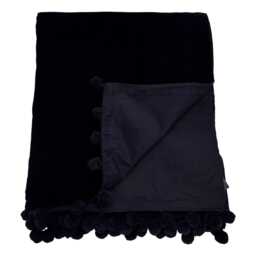 Black Velvet Throw, Cotton Pompom Trim, Luxury Bed Blanket - thumbnail 3