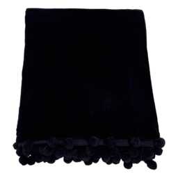 Black Velvet Throw, Cotton Pompom Trim, Luxury Bed Blanket - thumbnail 2