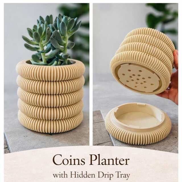 Coins Planter With Hidden Drip Tray - Modern Ribbed Plant Pot 3D Printed Indoor - image 1
