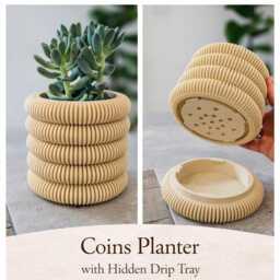 Coins Planter With Hidden Drip Tray - Modern Ribbed Plant Pot 3D Printed Indoor - thumbnail 1