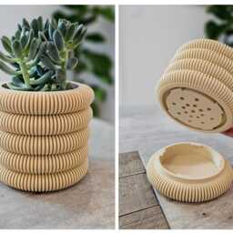 Coins Planter With Hidden Drip Tray - Modern Ribbed Plant Pot 3D Printed Indoor - thumbnail 4