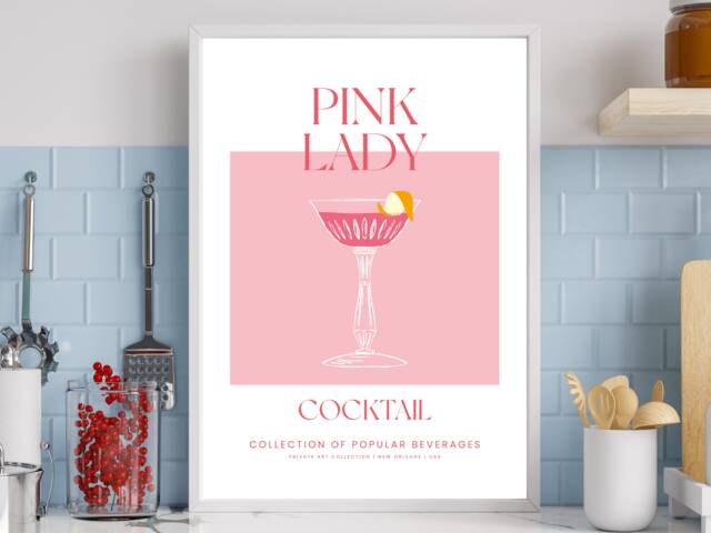 Pink Lady Cocktail Art Print Poster - Party Signature Drink Sign Wall Decor Minimalist Elegant Retro Gift A5 A4 A3 - image 1