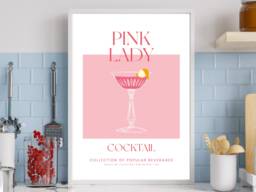 Pink Lady Cocktail Art Print Poster - Party Signature Drink Sign Wall Decor Minimalist Elegant Retro Gift A5 A4 A3 - thumbnail 1