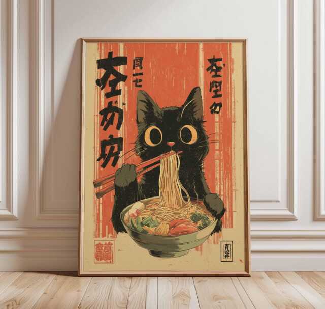 Ramen Cat Poster Japanese Noodle Wall Art - Funny Retro Anime Style Print For Kitchen, Cafe Or Lovers Unframed - image 1