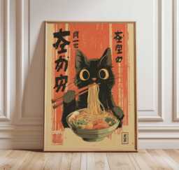 Ramen Cat Poster Japanese Noodle Wall Art - Funny Retro Anime Style Print For Kitchen, Cafe Or Lovers Unframed - thumbnail 1