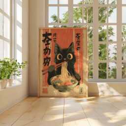 Ramen Cat Poster Japanese Noodle Wall Art - Funny Retro Anime Style Print For Kitchen, Cafe Or Lovers Unframed - thumbnail 3