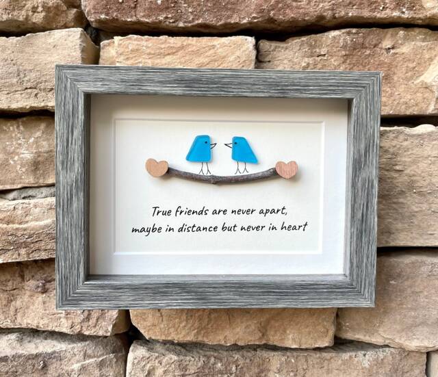 "Long Distance Friendship Gift - 5x7 Framed Sea Glass Art ""True Friends Are Never Apart" - image 1