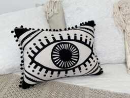 Boho Lumbar Pillow Cover With Eye Design, Black & White Decorative Cushion, Mystical Pom Throw For Sofa, Holiday Home Decor - thumbnail 1