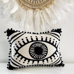 Boho Lumbar Pillow Cover With Eye Design, Black & White Decorative Cushion, Mystical Pom Throw For Sofa, Holiday Home Decor - thumbnail 2