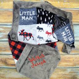 Personalized Minky Baby Blanket - Buffalo Plaid Faux Quilt Little Man Boy Moose Name - thumbnail 1