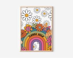 Retro Floral Print 1970S Rainbow Flower Child Art - thumbnail 1