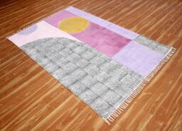 Hand Block Printed Cotton Kilim Rug, Purple Geometric Design - thumbnail 1