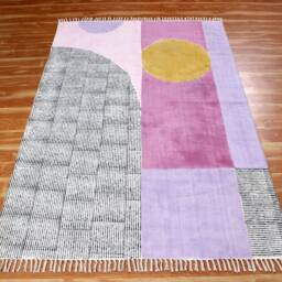 Hand Block Printed Cotton Kilim Rug, Purple Geometric Design - thumbnail 3