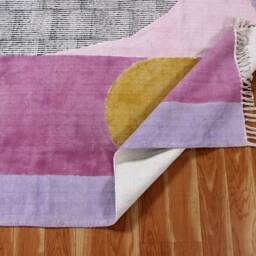 Hand Block Printed Cotton Kilim Rug, Purple Geometric Design - thumbnail 2