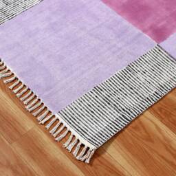 Hand Block Printed Cotton Kilim Rug, Purple Geometric Design - thumbnail 4