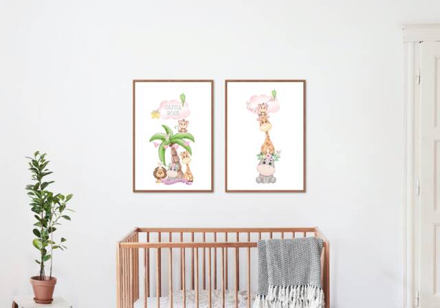 Girls Personalised Safari Animals Prints, Set Of Two, Giraffe, Lion, Monkey, Safari Name Print, Bedroom Pair Of Prints Nursery - image 1