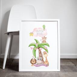 Girls Personalised Safari Animals Prints, Set Of Two, Giraffe, Lion, Monkey, Safari Name Print, Bedroom Pair Of Prints Nursery - thumbnail 3