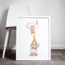 Girls Personalised Safari Animals Prints, Set Of Two, Giraffe, Lion, Monkey, Safari Name Print, Bedroom Pair Of Prints Nursery - thumbnail 2