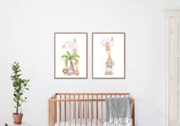 Girls Personalised Safari Animals Prints, Set Of Two, Giraffe, Lion, Monkey, Safari Name Print, Bedroom Pair Of Prints Nursery - thumbnail 1