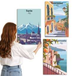Canvas Wall Art Set Of 3 - Colorful, Retro-style Illustrative Cityscapes, Multicolored Canvas, Travels Hanging Piece - thumbnail 2