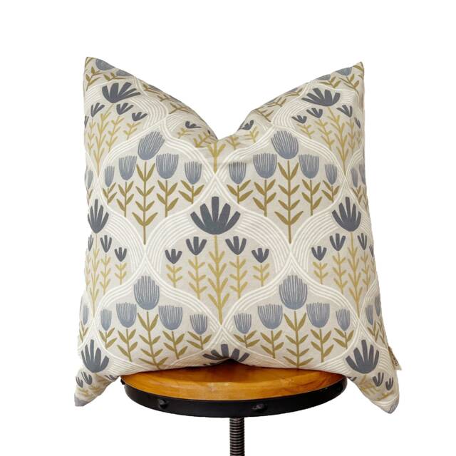 Floral Pillow Cover Beige, Blue-Gray & Olive Designer Fabric - image 1