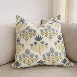 Floral Pillow Cover Beige, Blue-Gray & Olive Designer Fabric - thumbnail 4