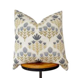 Floral Pillow Cover Beige, Blue-Gray & Olive Designer Fabric - thumbnail 1