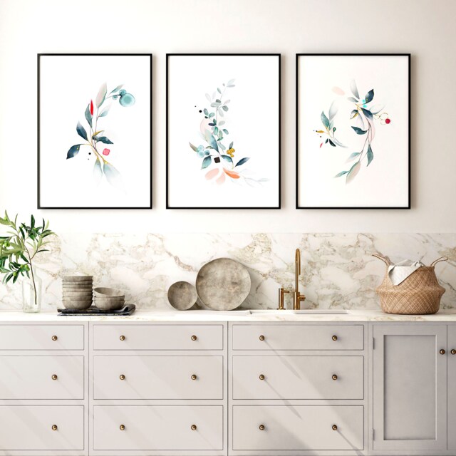 Botanical Kitchen & Dining Room Framed Set Of 3 Wall Art Prints, Watercolour Greenery Gallery Hanging Prints For New Home Decor - image 1