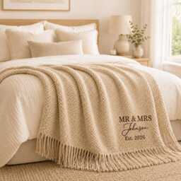 Personalized Knitted Throw Blanket, Custom Embroidered Name Cozy Home Decor Sofa Wedding & Housewarming Gift, Couple Gift - thumbnail 4